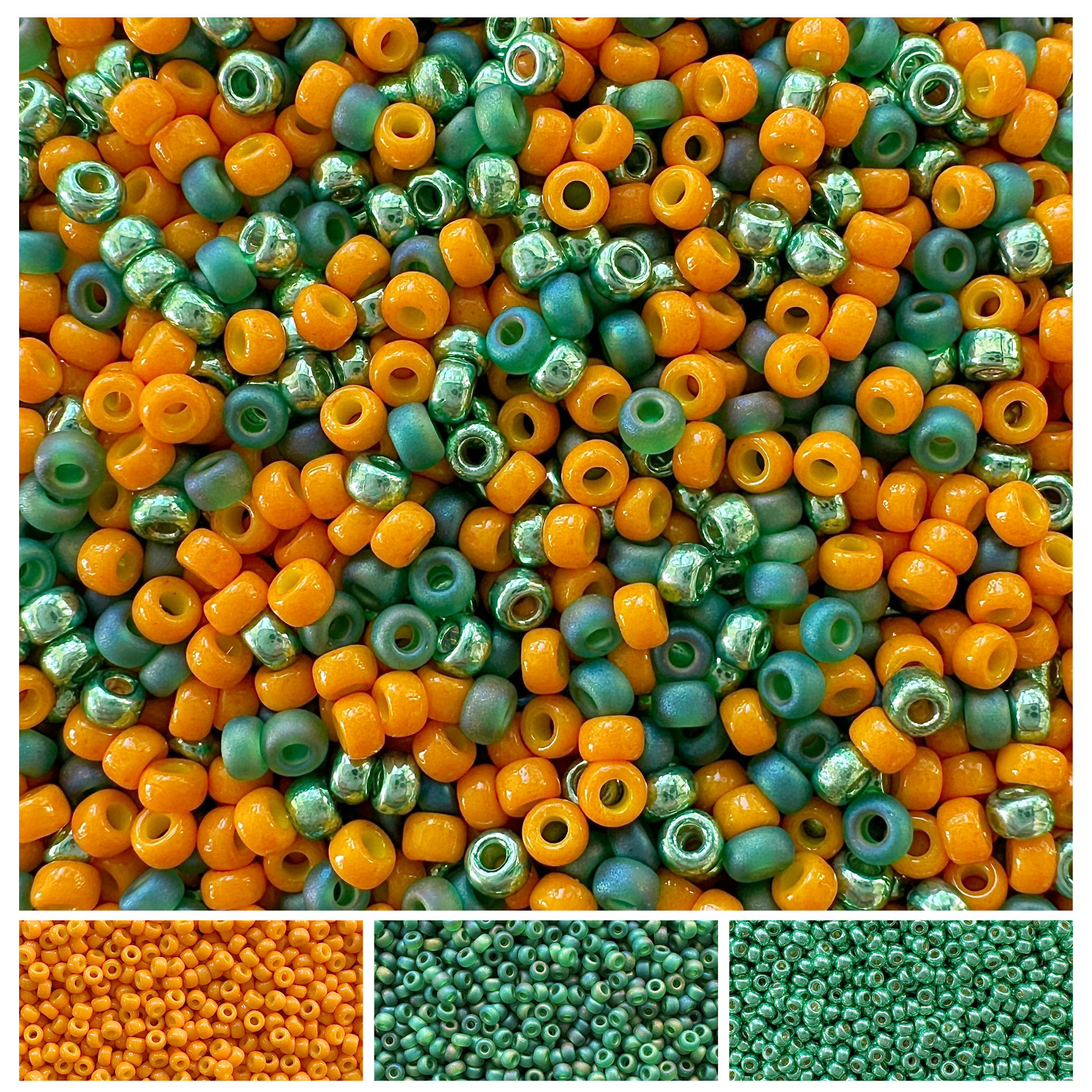 A mix of Miyuki round seed beads in shades of pumpkin orange and green with individual color swatches below.