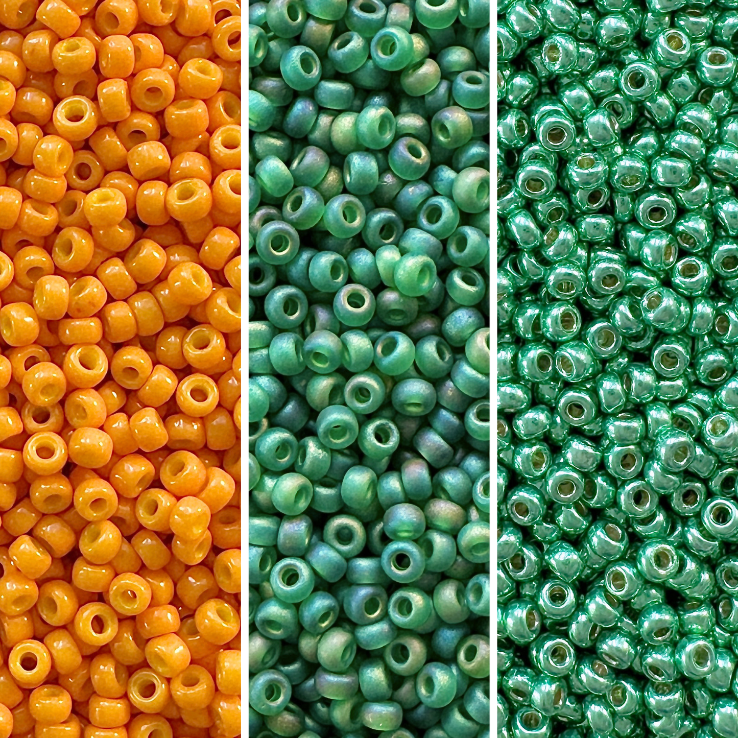3 vertical columns of Miyuki round seed beads in pumpkin orange, frosted transparent AB green, and metallic green.