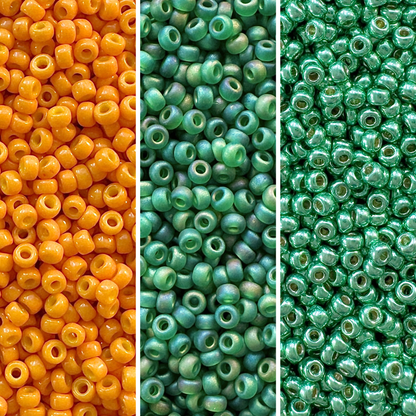 3 vertical columns of Miyuki round seed beads in pumpkin orange, frosted transparent AB green, and metallic green.