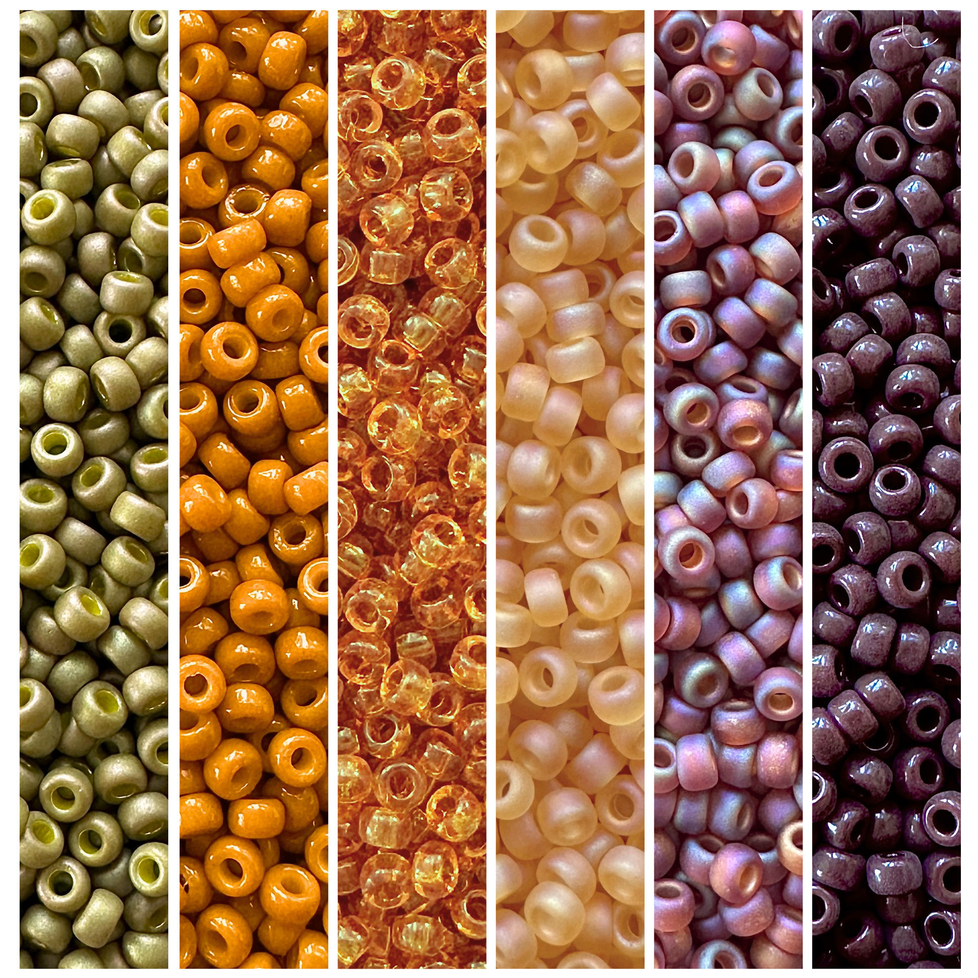 Six vertical panels showing different Miyuki bead colors and finishes in fall colors.