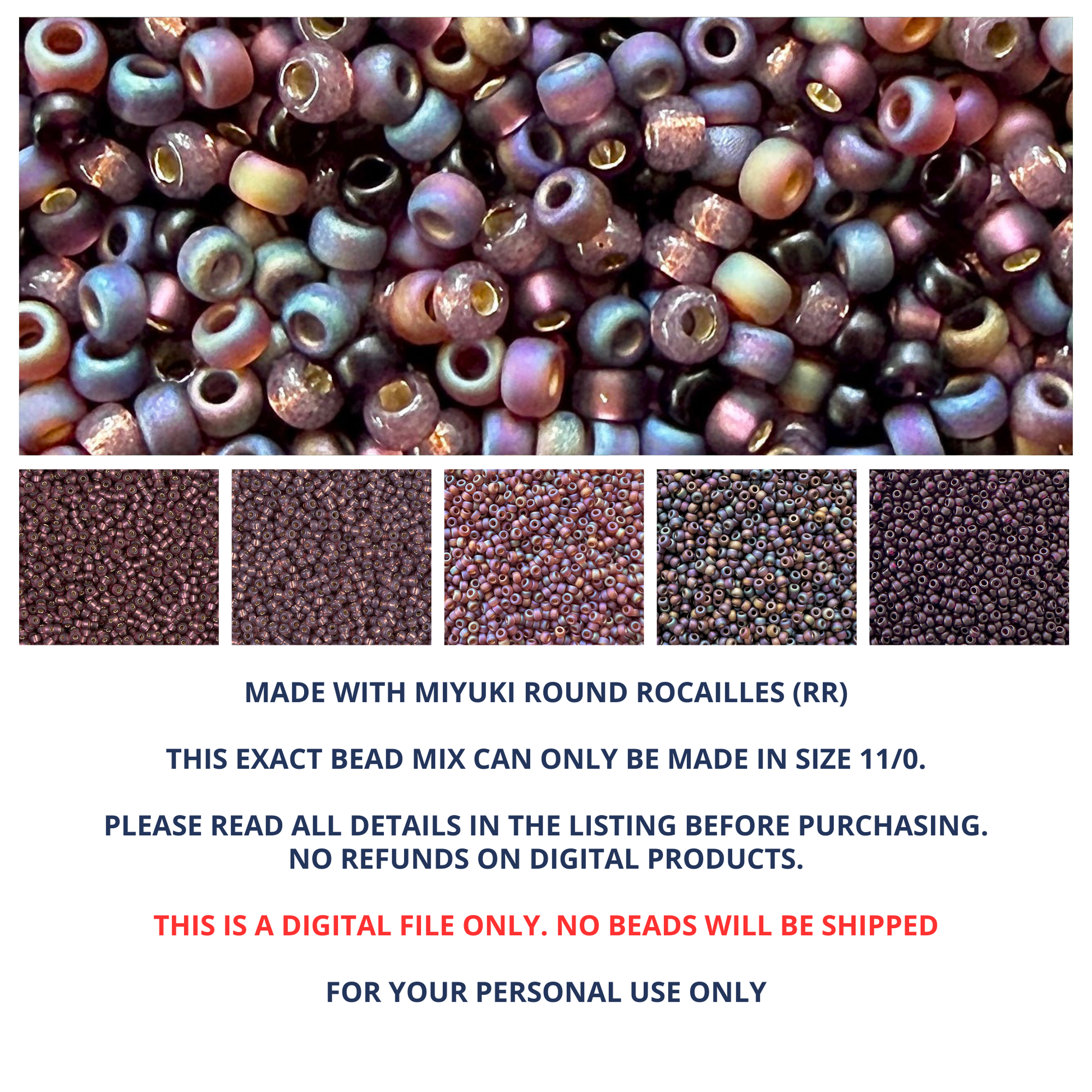 Mix of Miyuki 11/0 round seed beads in shades of plum and mauve with various finishes with individual color swatches and product information at the bottom.
