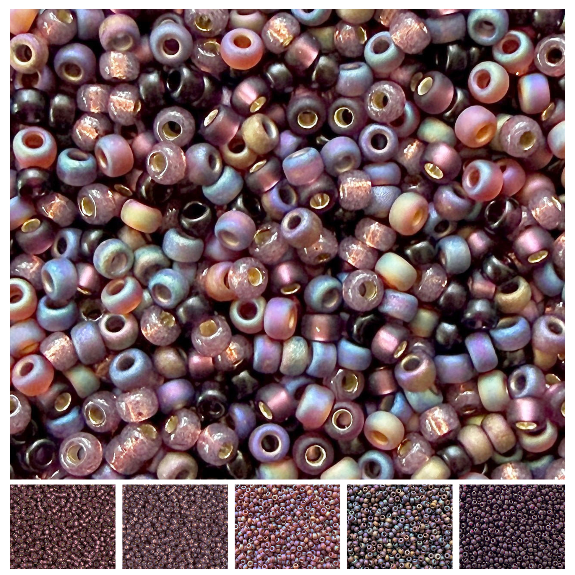 Mix of Miyuki 11/0 round seed beads in shades of plum and mauve with various finishes with individual color swatches at the bottom.