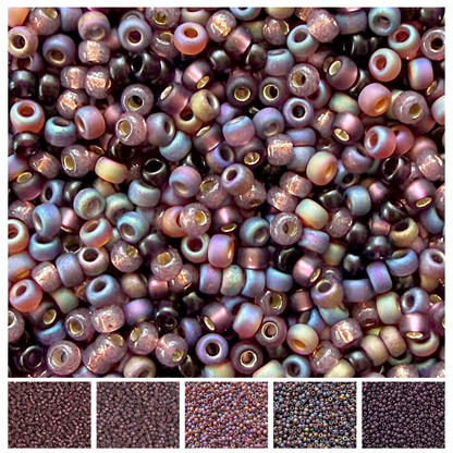 Mix of Miyuki 11/0 round seed beads in shades of plum and mauve with various finishes with individual color swatches at the bottom.