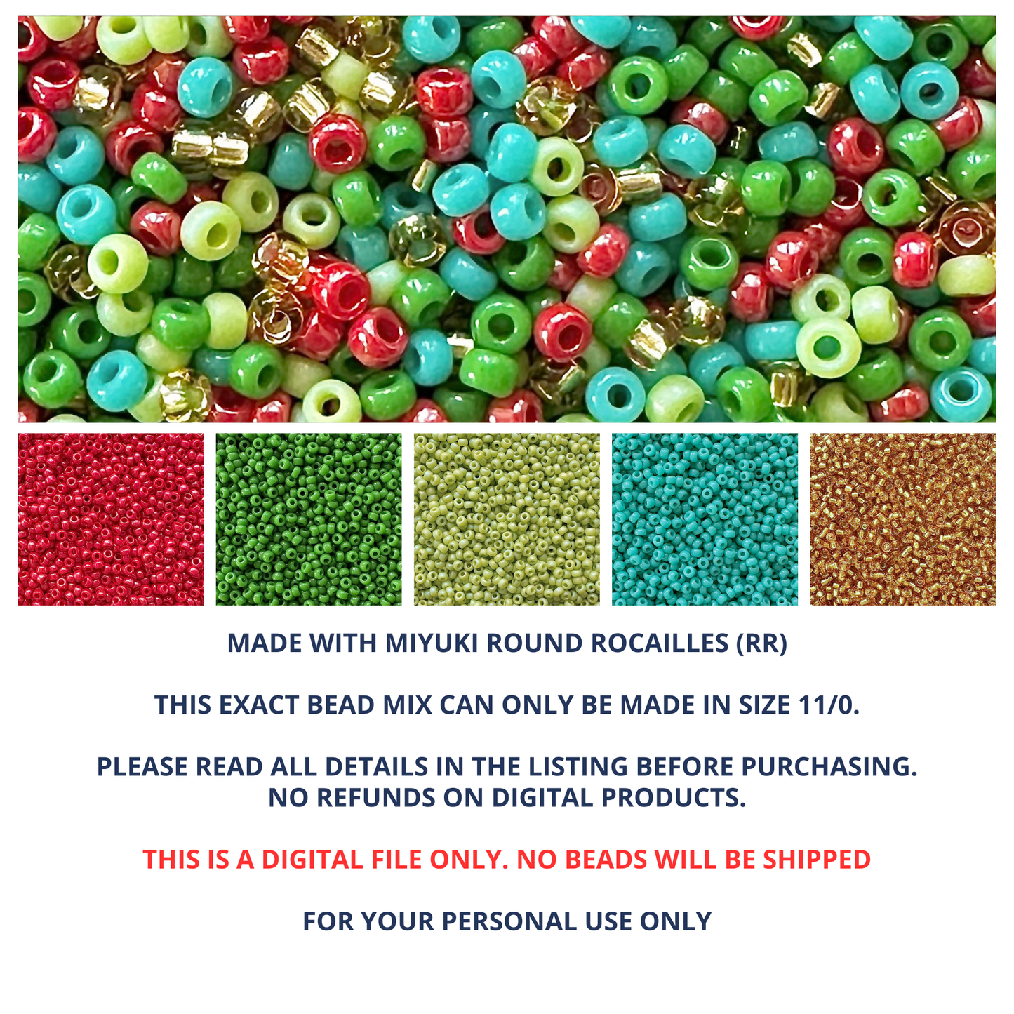 Mix of Miyuki round seed beads in Christmas colors of red, green, turquoise, and gold with individual color swatches and product information below.