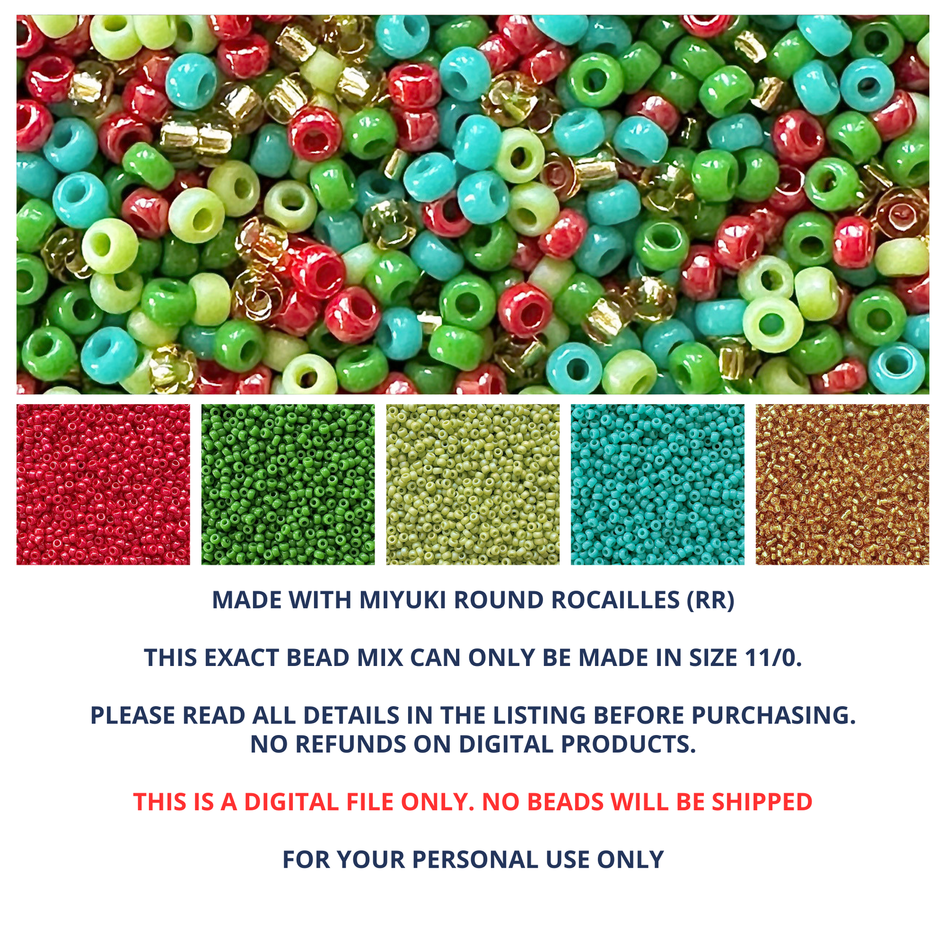 Mix of Miyuki round seed beads in Christmas colors of red, green, turquoise, and gold with individual color swatches and product information below.