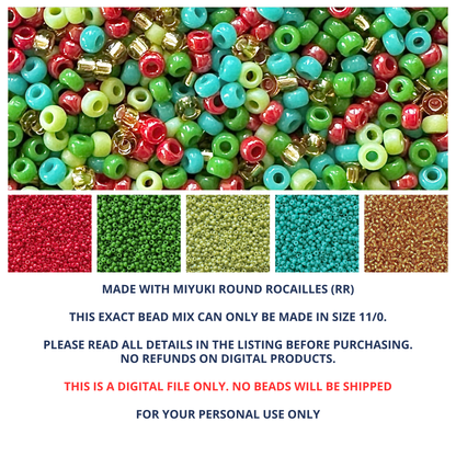 Mix of Miyuki round seed beads in Christmas colors of red, green, turquoise, and gold with individual color swatches and product information below.