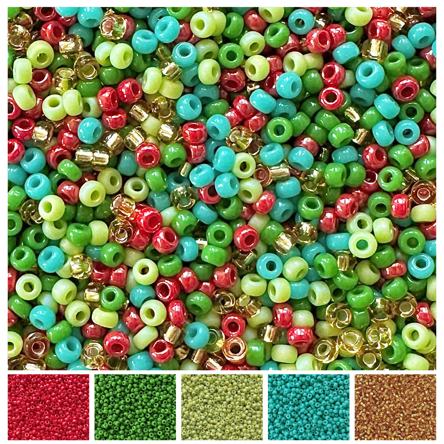 Mix of Miyuki round seed beads in Christmas colors of red, green, turquoise, and gold with individual color swatches below.