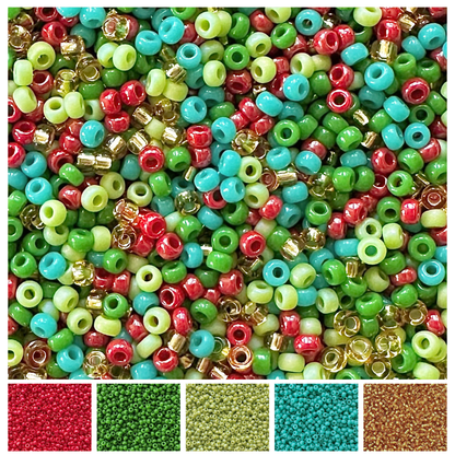 Mix of Miyuki round seed beads in Christmas colors of red, green, turquoise, and gold with individual color swatches below.