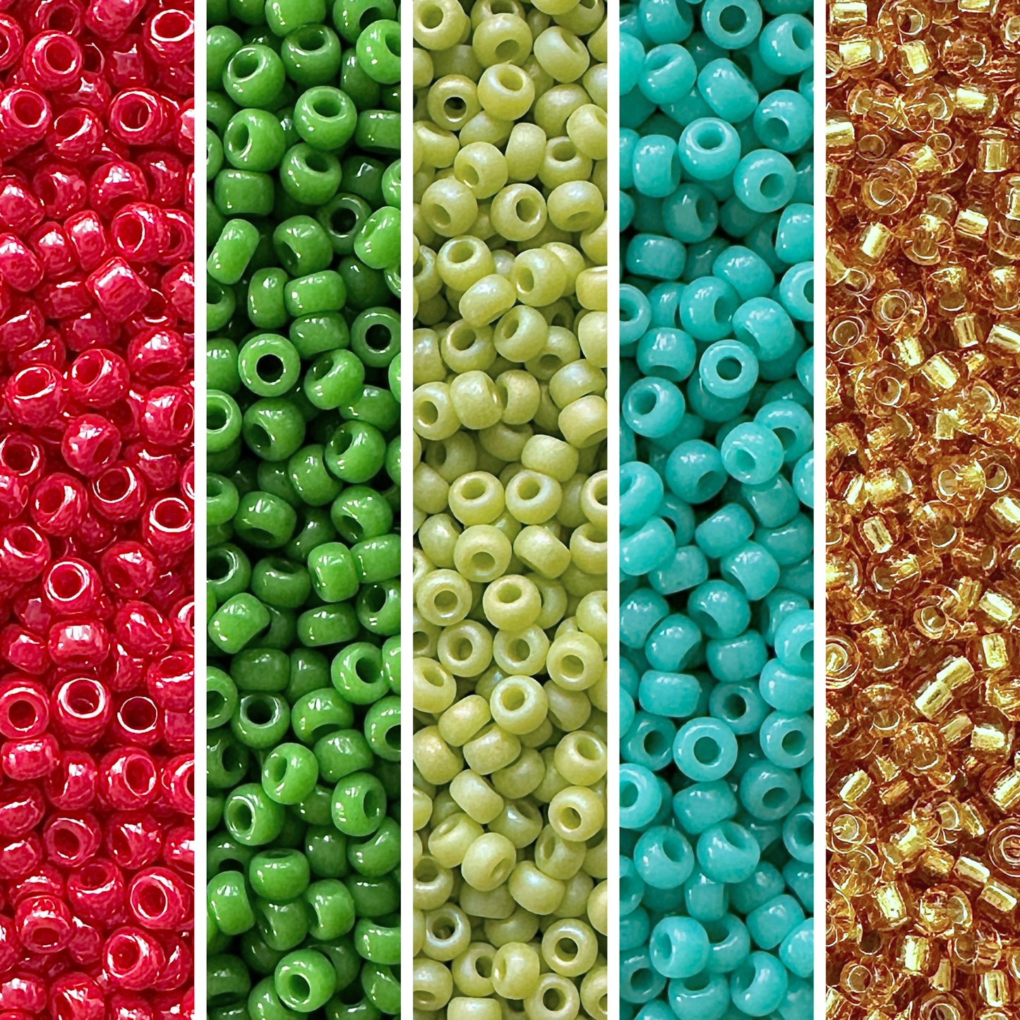 5 vertical columns of Miyiku round seed beads in shades of red, green, turquoise and gold.