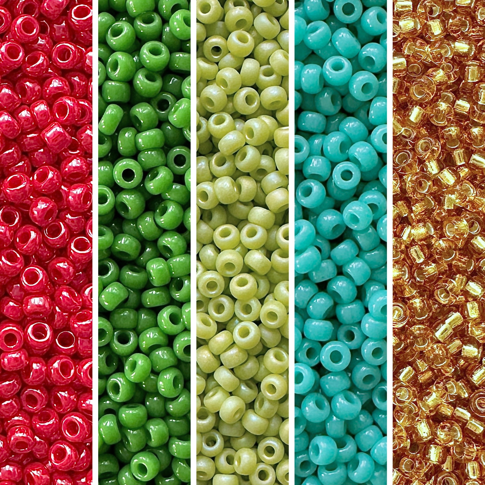 5 vertical columns of Miyiku round seed beads in shades of red, green, turquoise and gold.