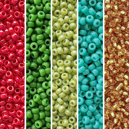 5 vertical columns of Miyiku round seed beads in shades of red, green, turquoise and gold.