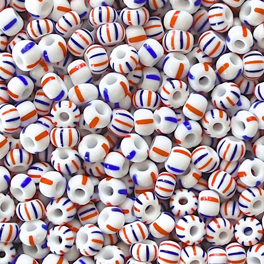 03930/03931 White, Blue & Orange Red 6/0 Czech Striped Seed Bead Mix (100g)