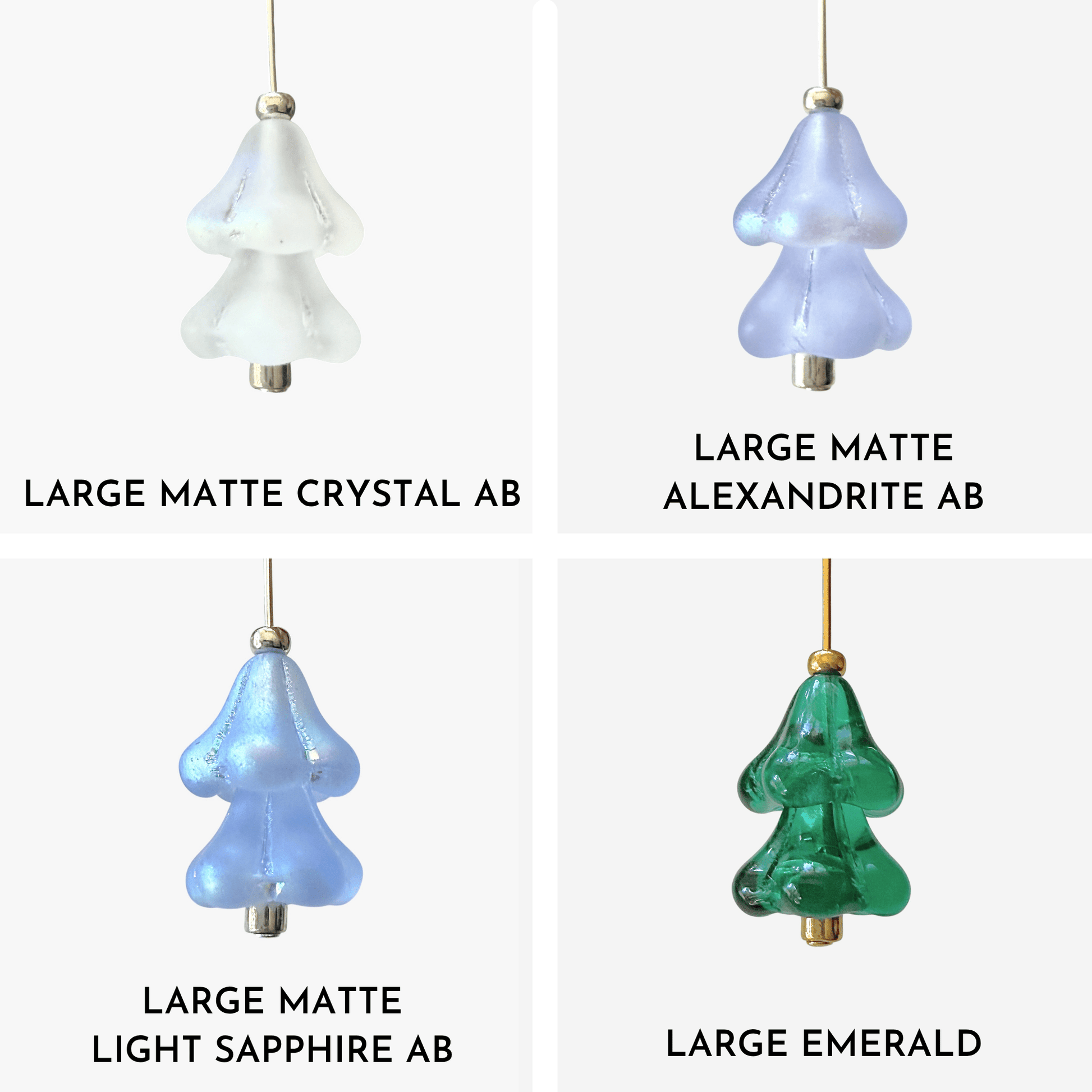 Four hanging beaded Christmas tree charms in white, purple, blue, and green arranged in a 4x4 grid on a light gray background.