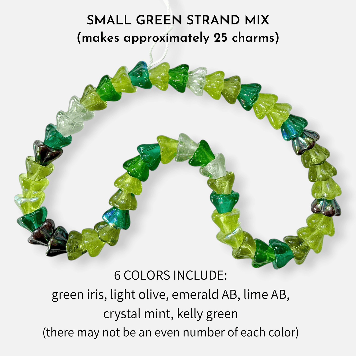 Strand of various shades of green Czech 6/0 bell flower beads used to make beaded Christmas tree charms.