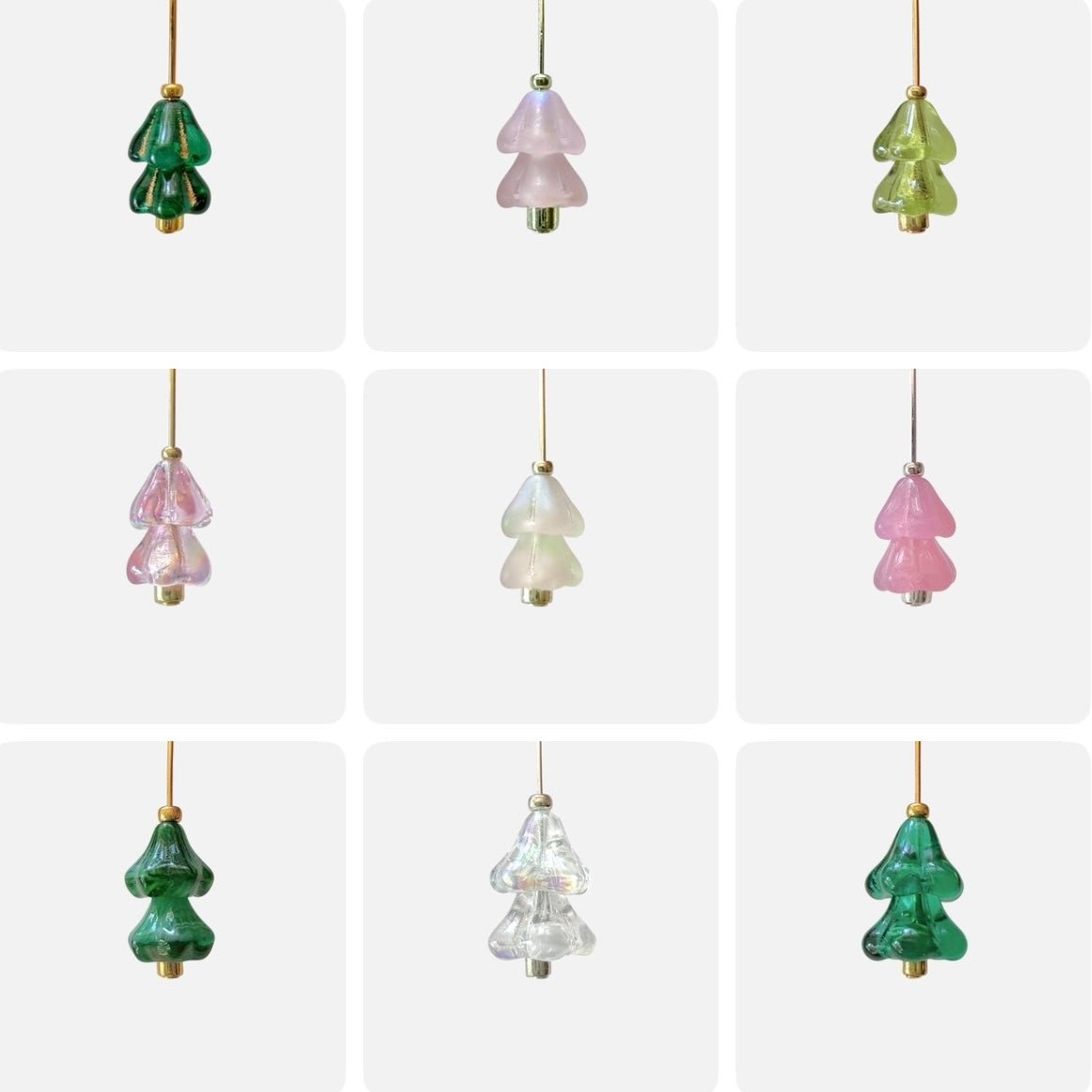 Nine hanging beaded Christmas tree charms in white, pink, and green arranged in a 3x3 grid on a light gray background.