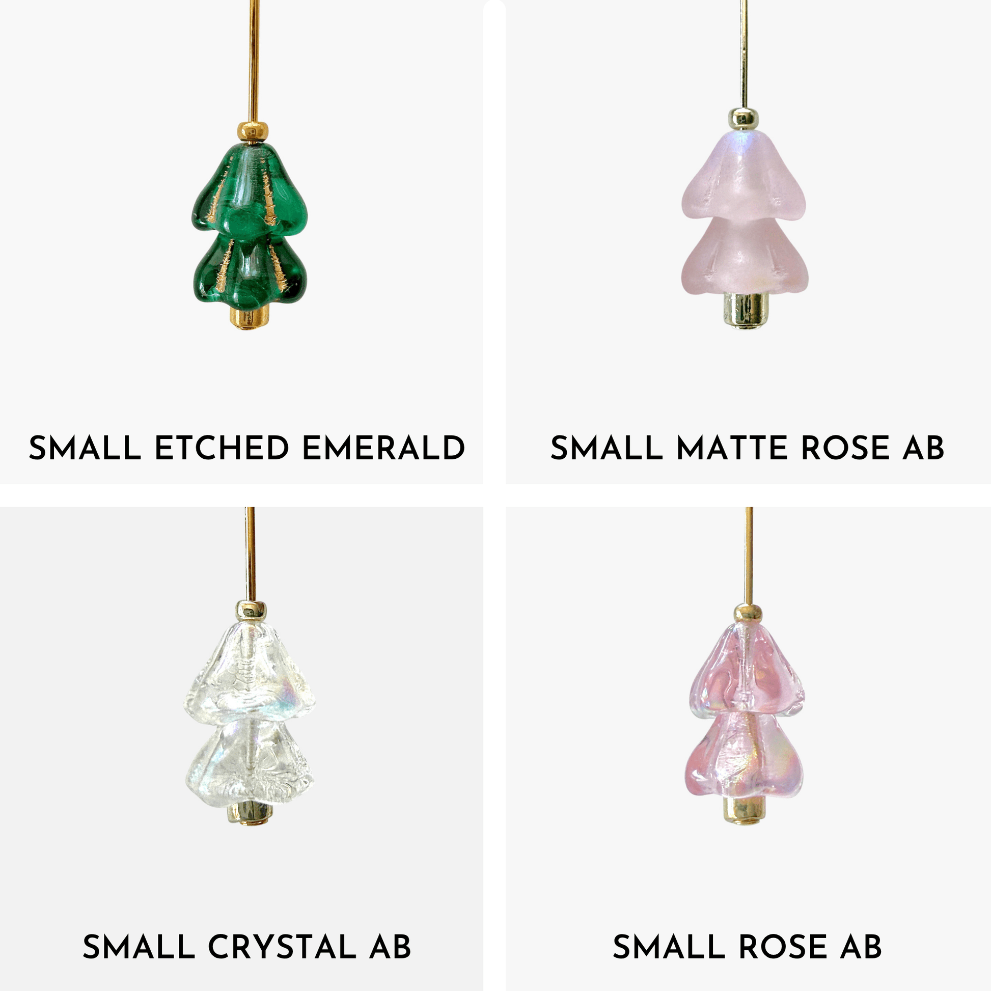 Four hanging beaded Christmas tree charms in green, pink, and crystal AB arranged in a 4x4 grid on a light gray background.