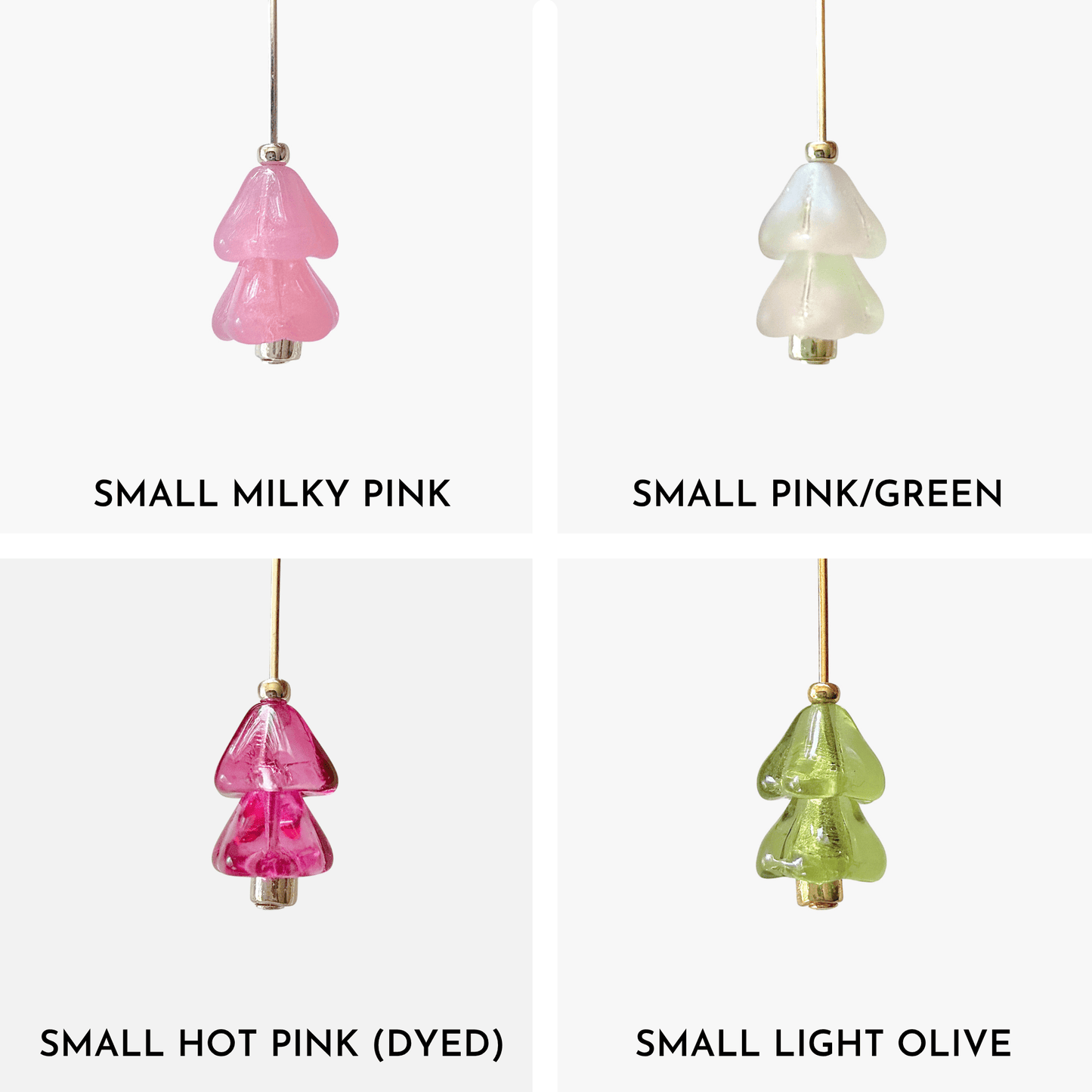 Four hanging beaded Christmas tree charms in white, pink, and green arranged in a 4x4 grid on a light gray background.