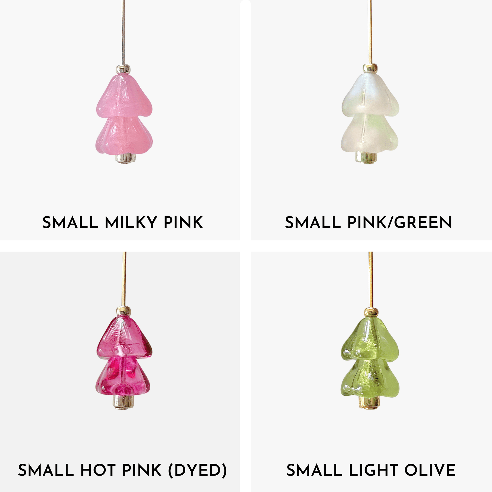 Four hanging beaded Christmas tree charms in white, pink, and green arranged in a 4x4 grid on a light gray background.