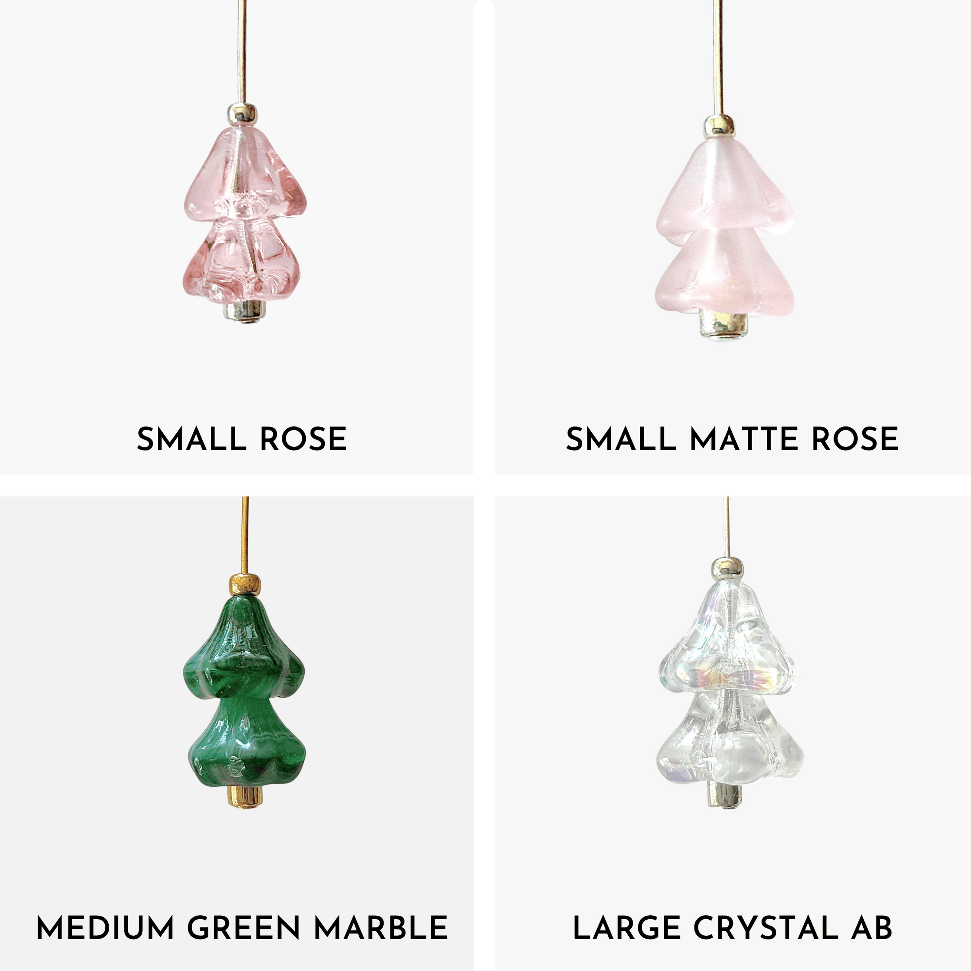 Four hanging beaded Christmas tree charms in pink, green, and crystal AB arranged in a 4x4 grid on a light gray background.