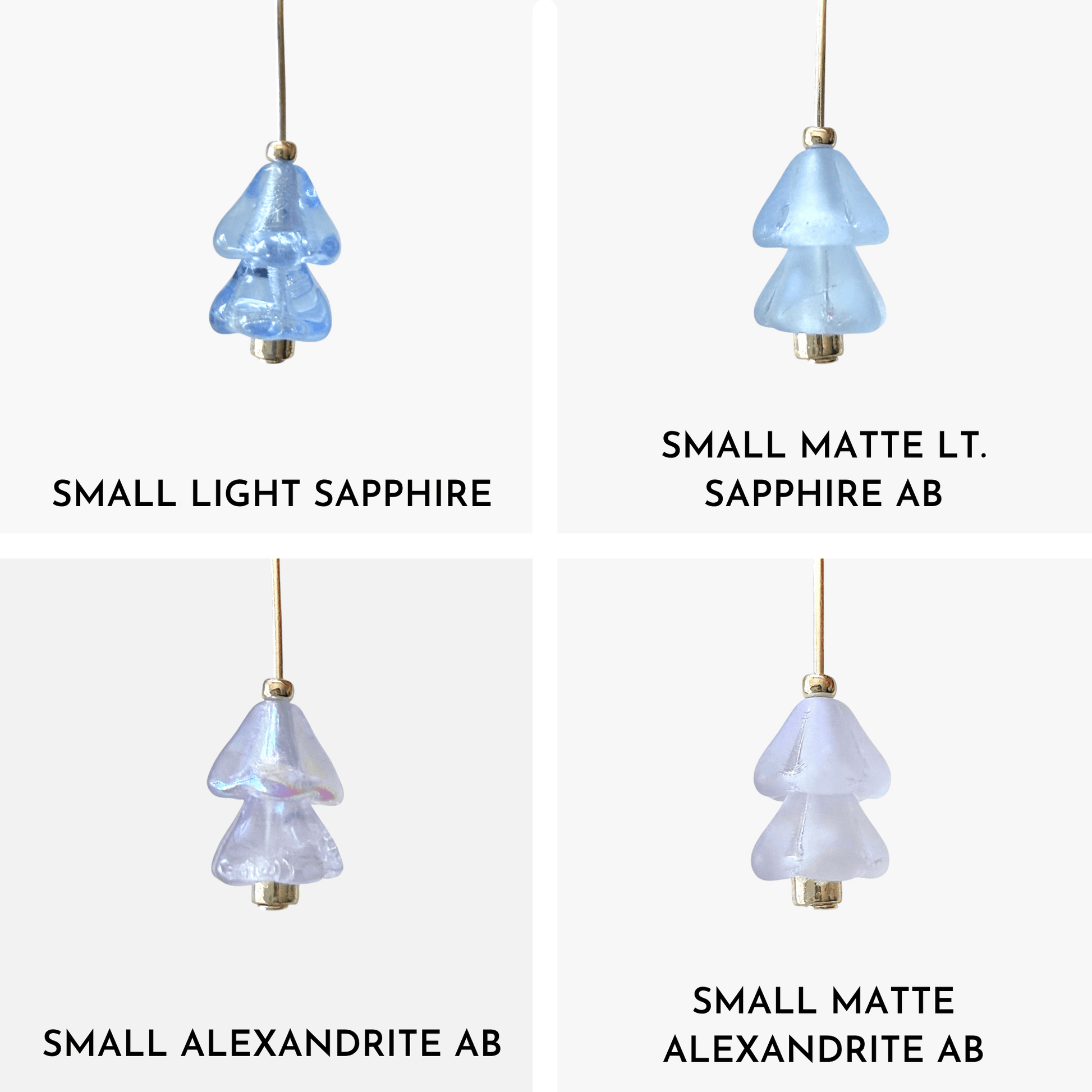 Four hanging beaded Christmas tree charms in purple and blue arranged in a 4x4 grid on a light gray background.