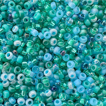 Mix of Miyuki seed beads in shades of green and blue with color swatches.