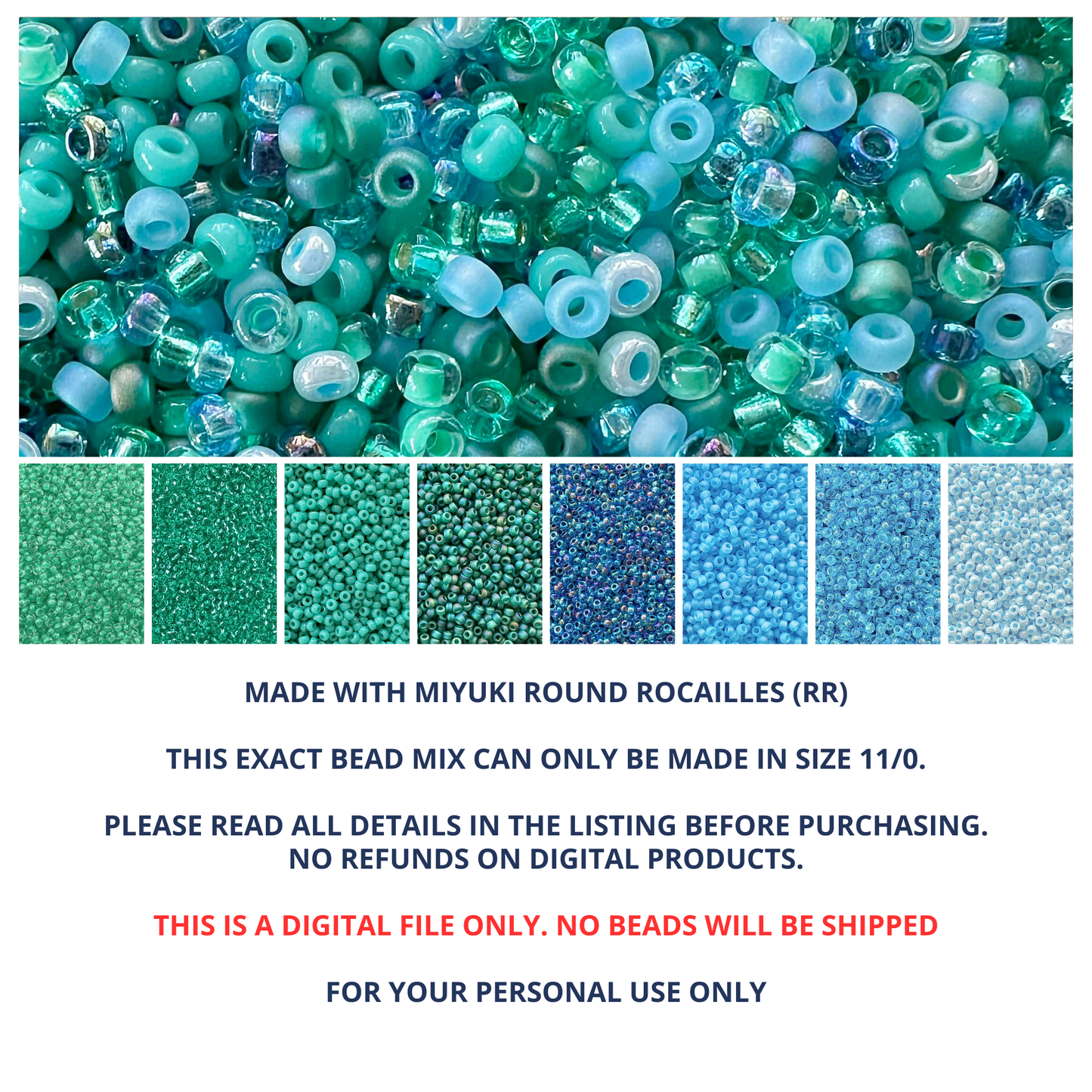 Mix of Miyuki seed beads in shades of teal, turquoise, and blue with color swatches at the bottom.