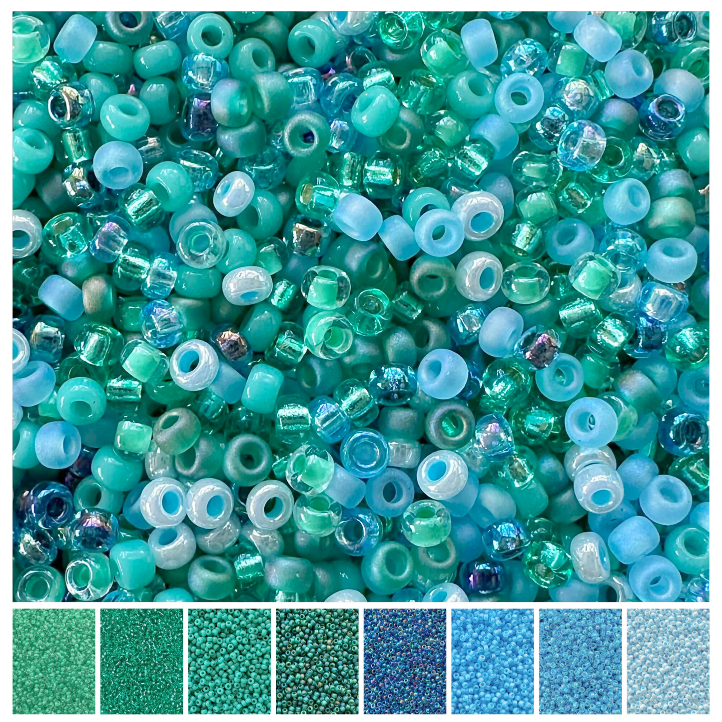 Mix of Miyuki seed beads in shades of blue and green with color swatches at the bottom.