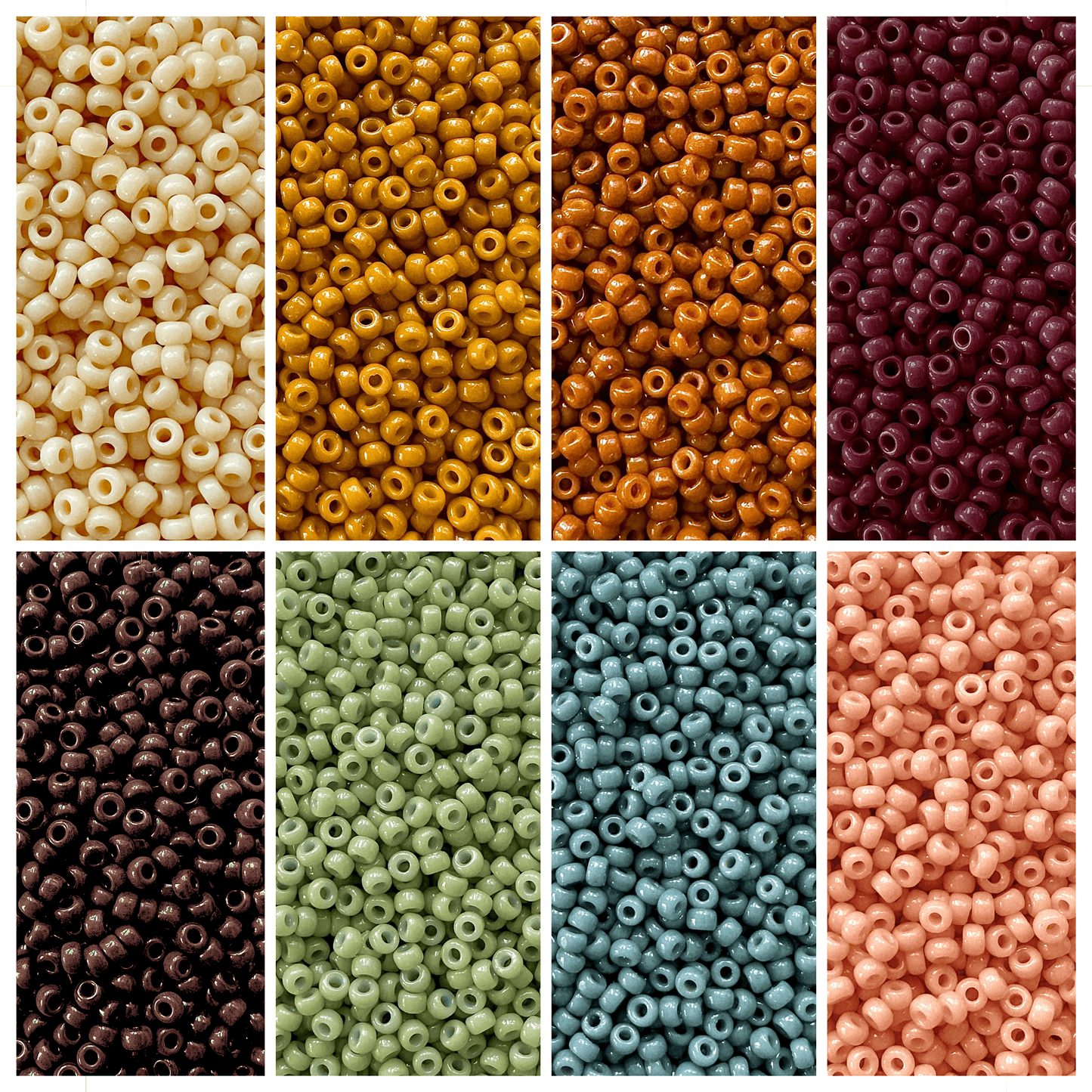 Boho Rainbow Miyuki Bead Color Palette featuring shades of seed beads in earthy tones.