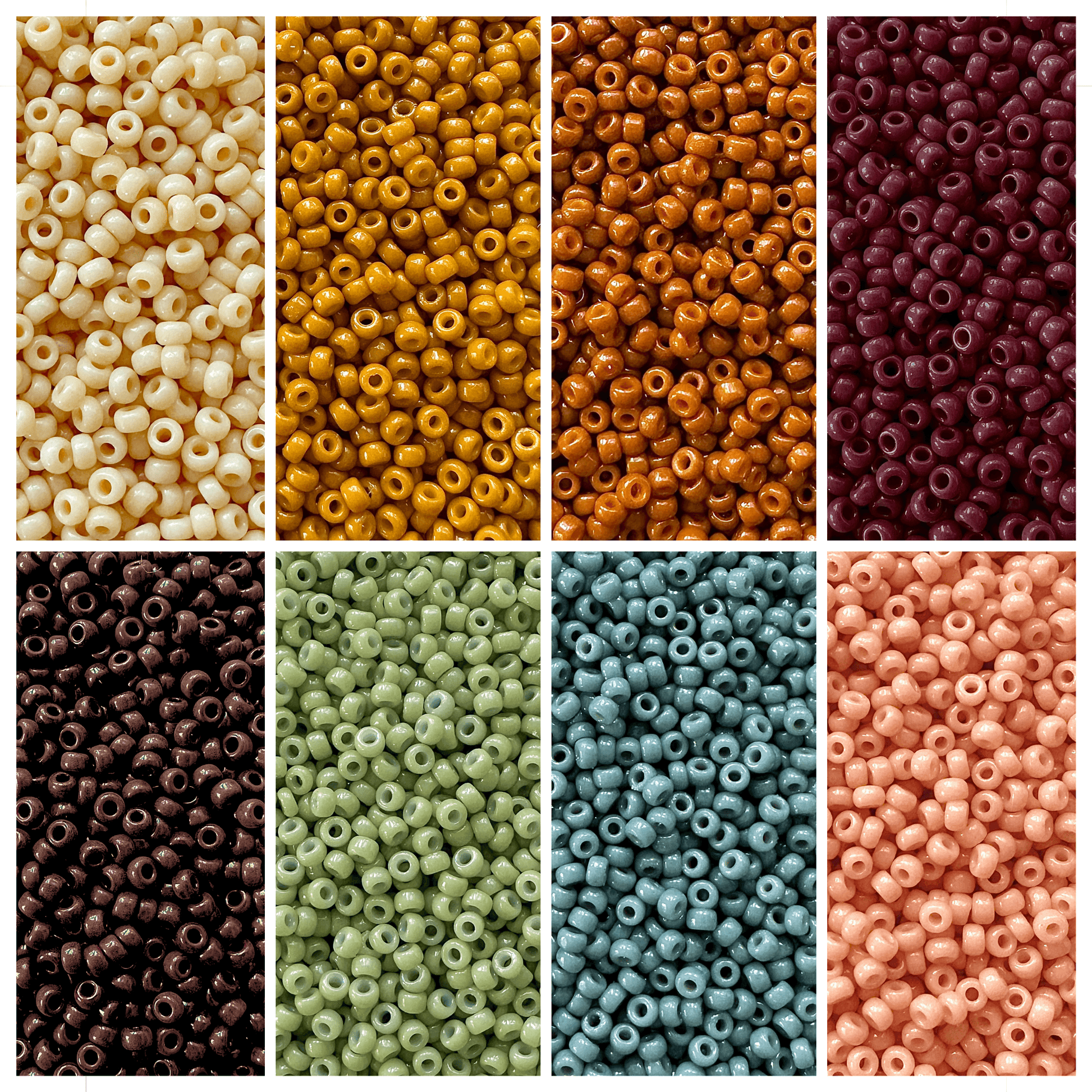 Boho Rainbow Miyuki Bead Color Palette featuring shades of seed beads in earthy tones.
