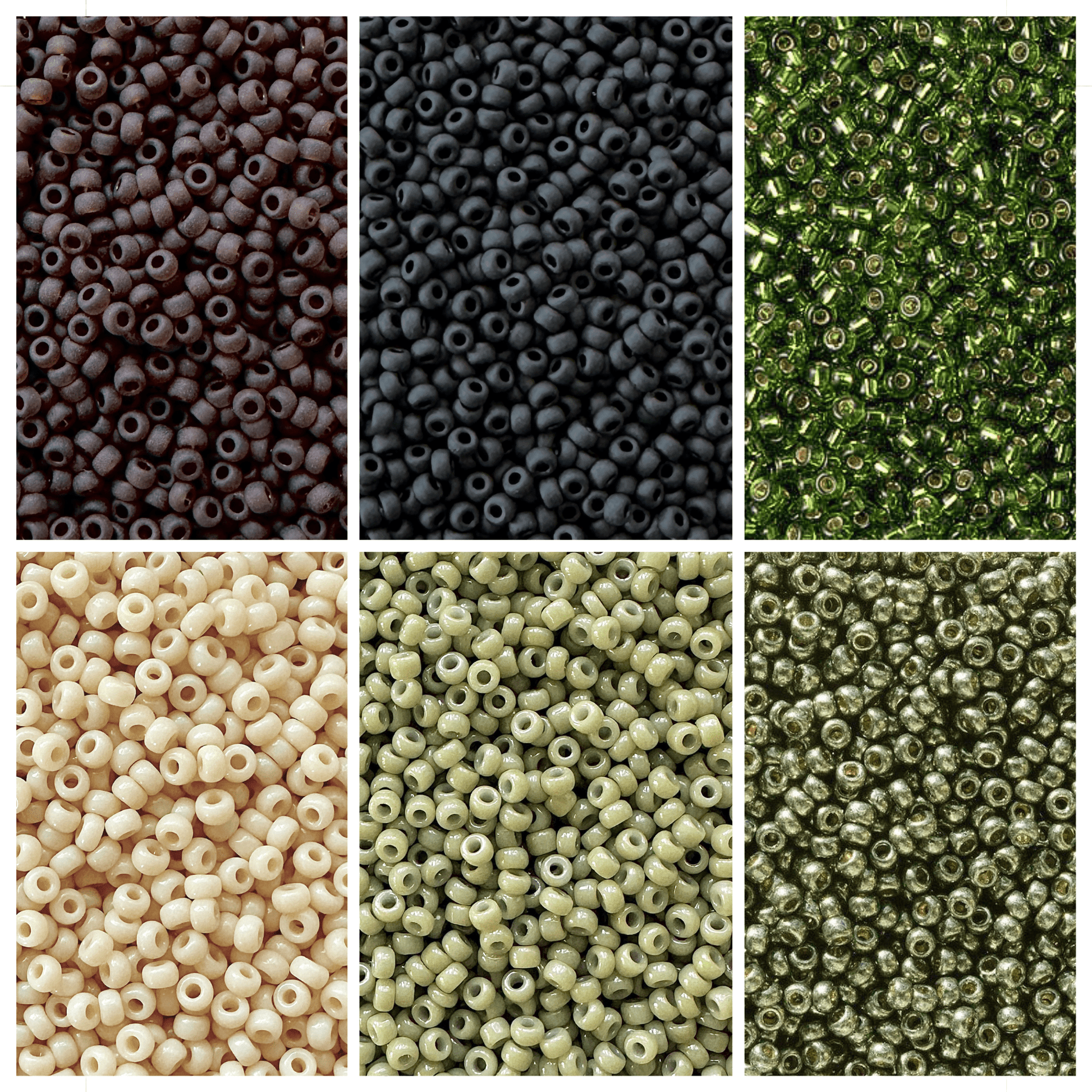Miyuki seed beads in shades of brown, black, green, and cream.