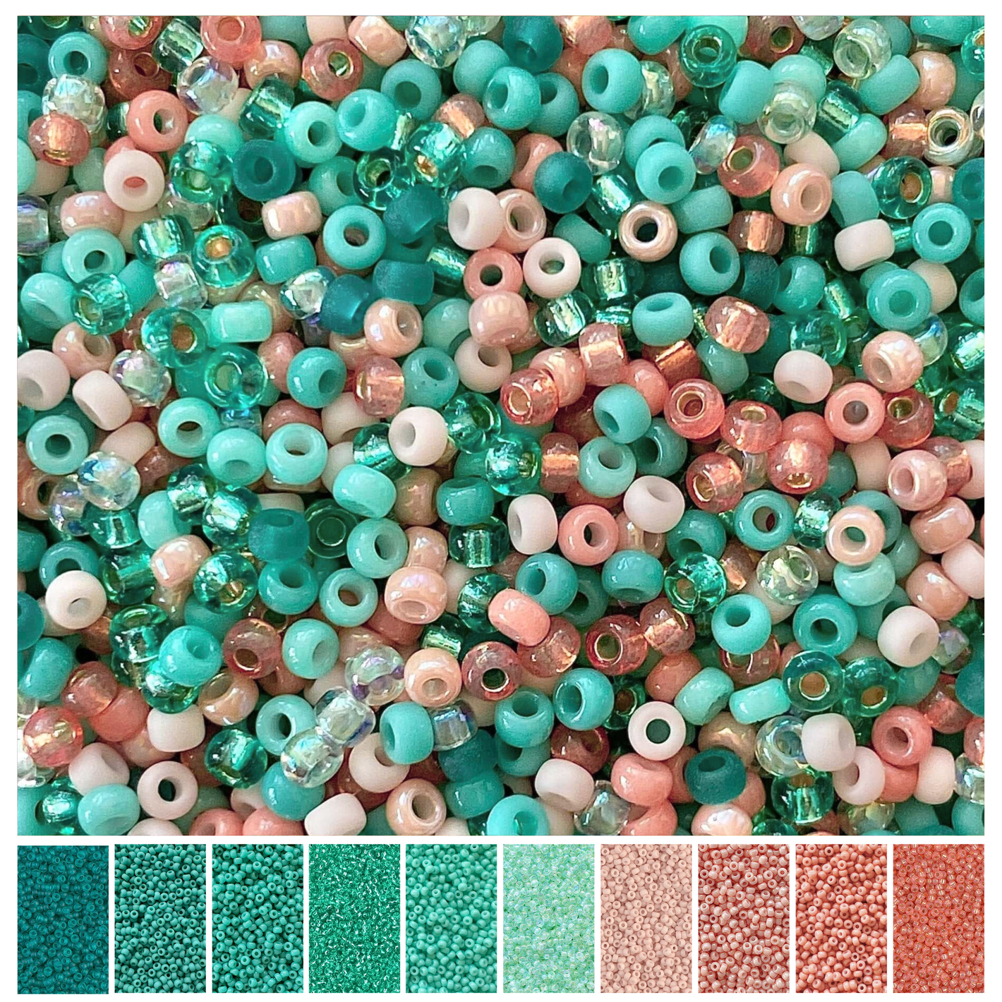 Mix of peach, teal and mint green Miyuki seed beads with the individual colors in the mix displayed at the bottom.
