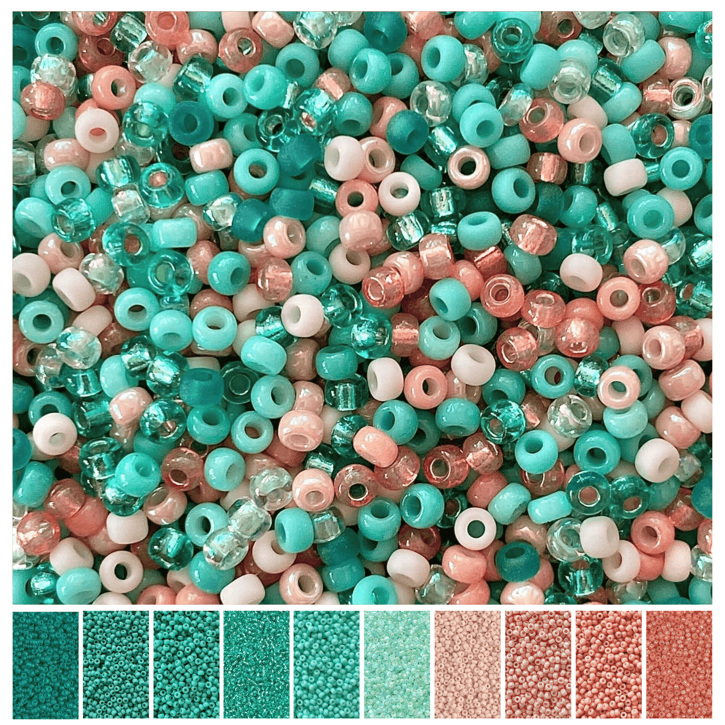 Mix of peach, teal and mint green Miyuki seed beads with the individual colors in the mix displayed at the bottom.