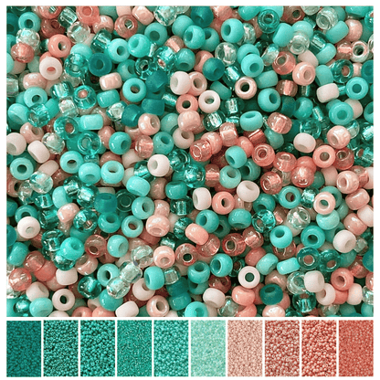 Mix of peach, teal and mint green Miyuki seed beads with the individual colors in the mix displayed at the bottom.