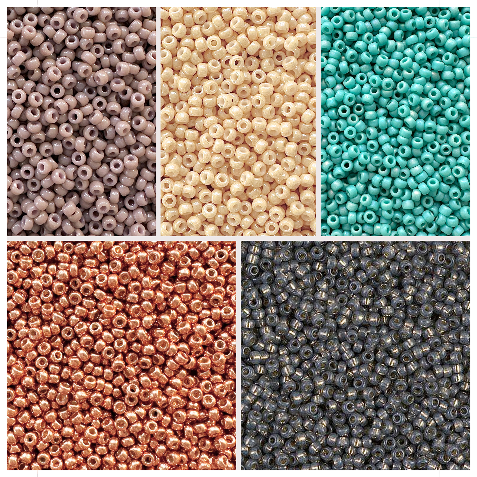 Mix of Miyuki seed beads in shades of beige, tan, aqua, copper, and black with color swatches at the bottom.