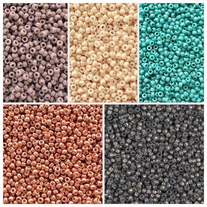 Mix of Miyuki seed beads in shades of beige, tan, aqua, copper, and black with color swatches at the bottom.