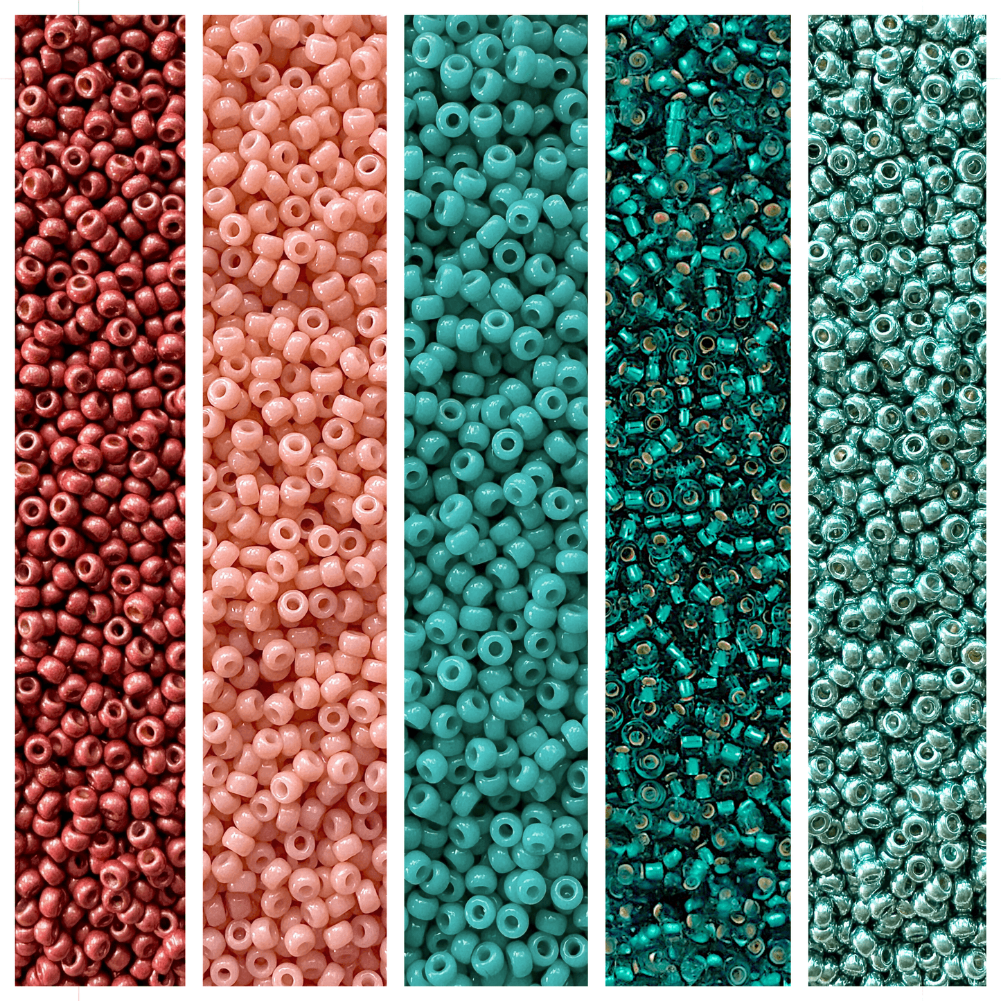 Red, peach, and teal Miyuki seed beads displayed vertically.