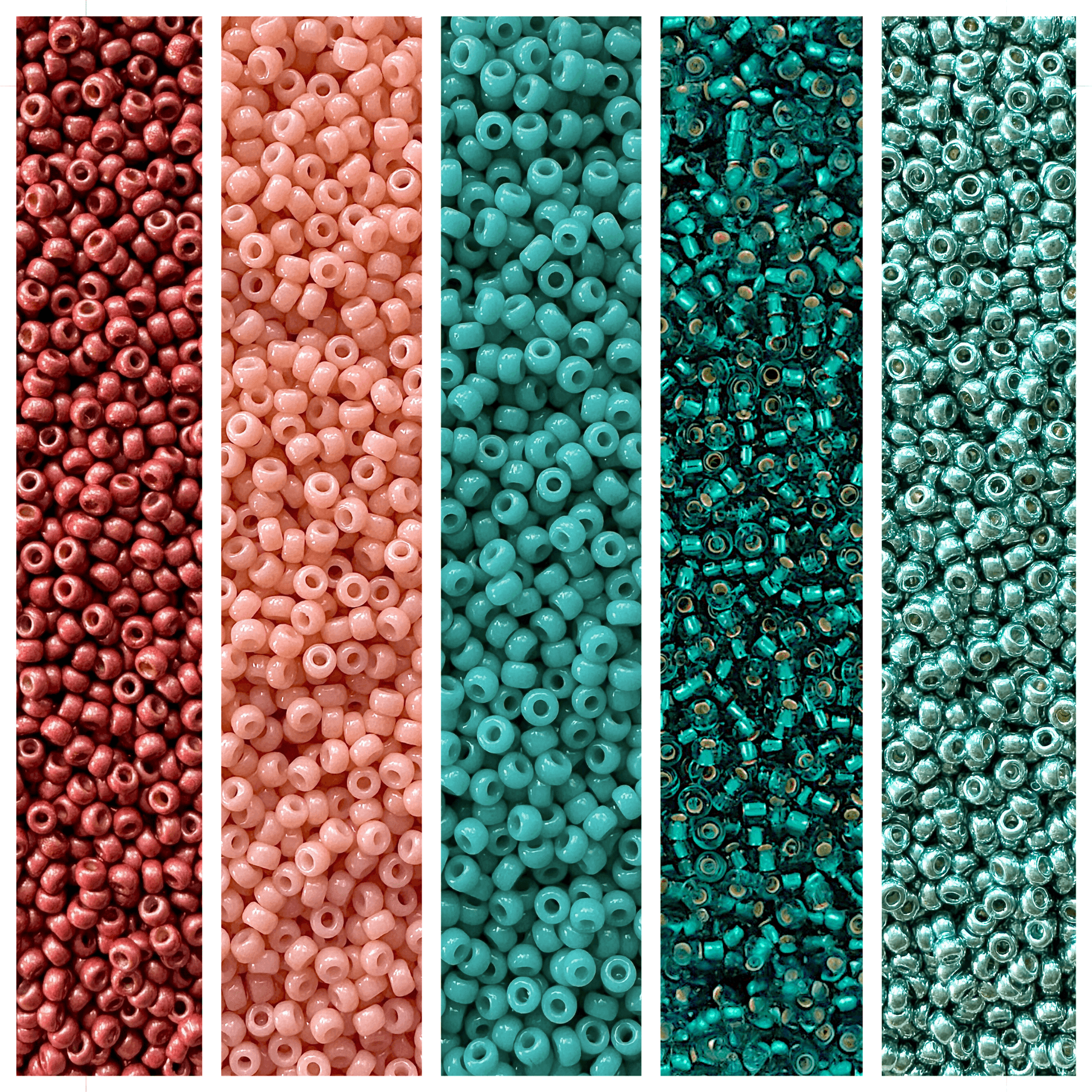 Red, peach, and teal Miyuki seed beads displayed vertically.