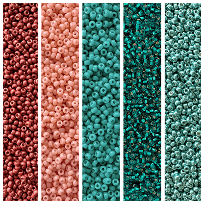 Red, peach, and teal Miyuki seed beads displayed vertically.