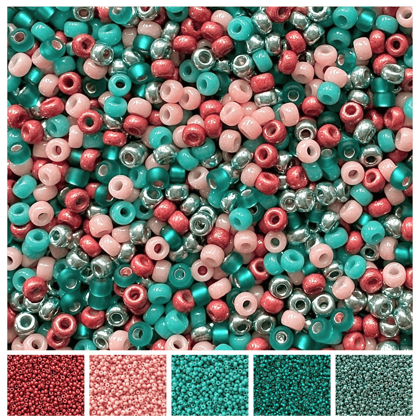 Mix of colorful seed beads with the individual colors in the mix displayed at the bottom.