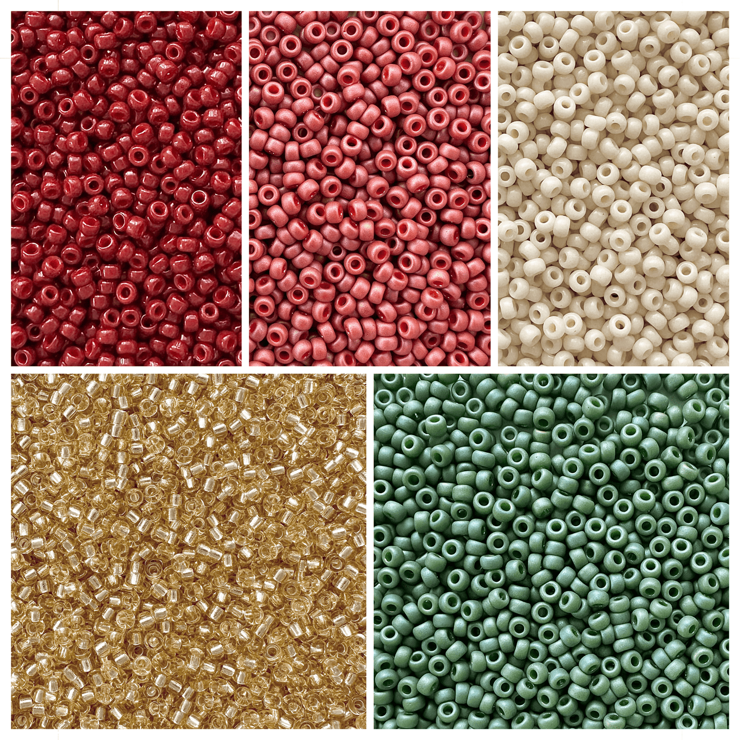 Miyuki seed beads in shades of red, cream, gold, and green for a Country Christmas Miyuki Bead Color Palette.
