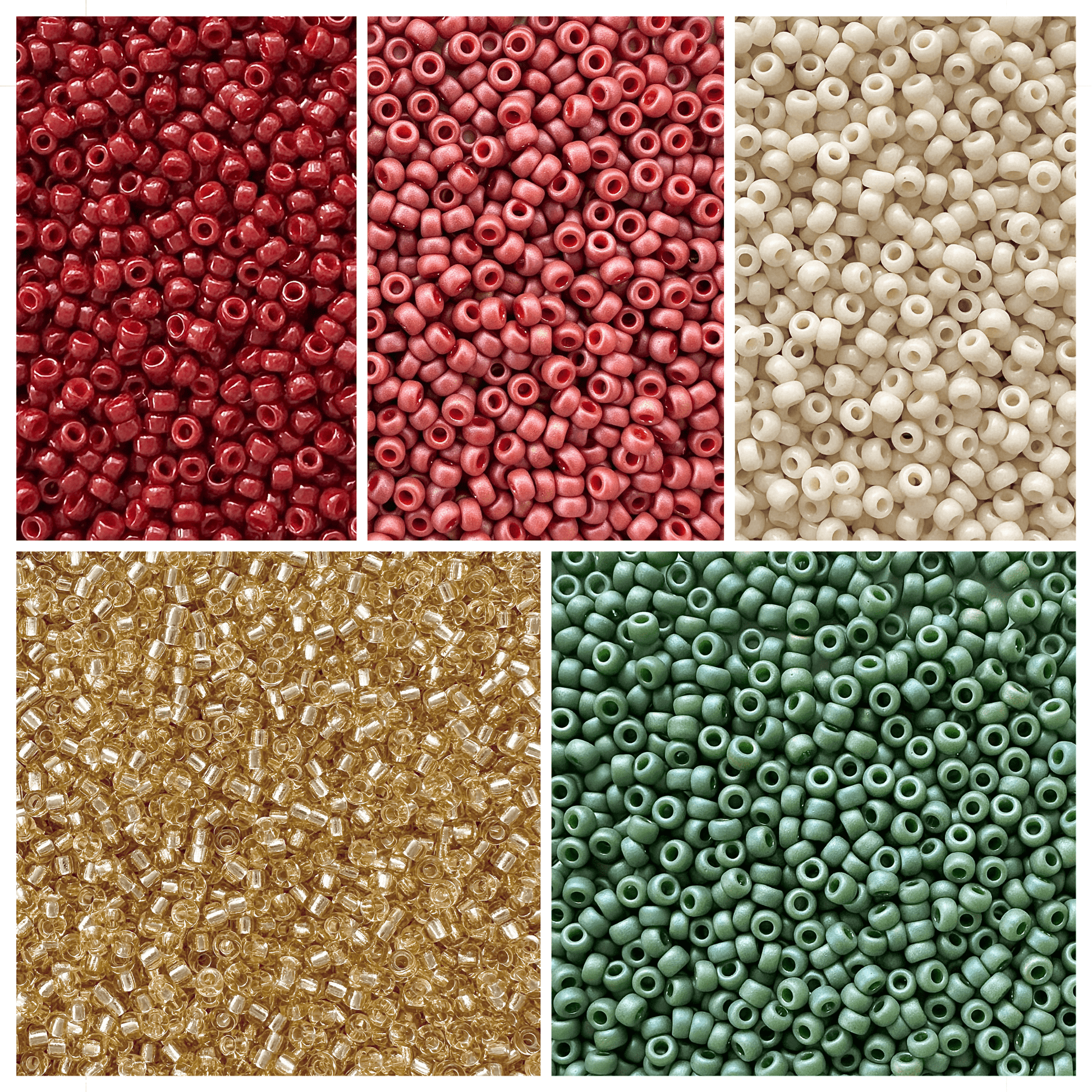 Miyuki seed beads in shades of red, cream, gold, and green for a Country Christmas Miyuki Bead Color Palette.