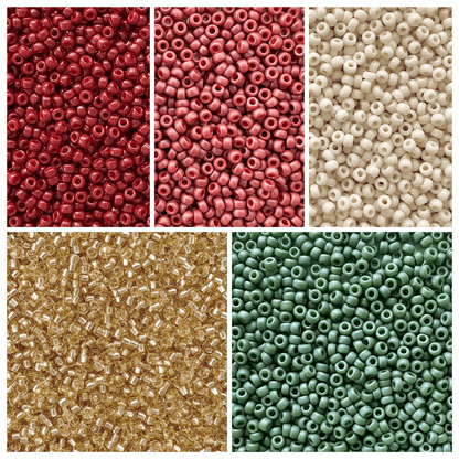 Miyuki seed beads in shades of red, cream, gold, and green for a Country Christmas Miyuki Bead Color Palette.