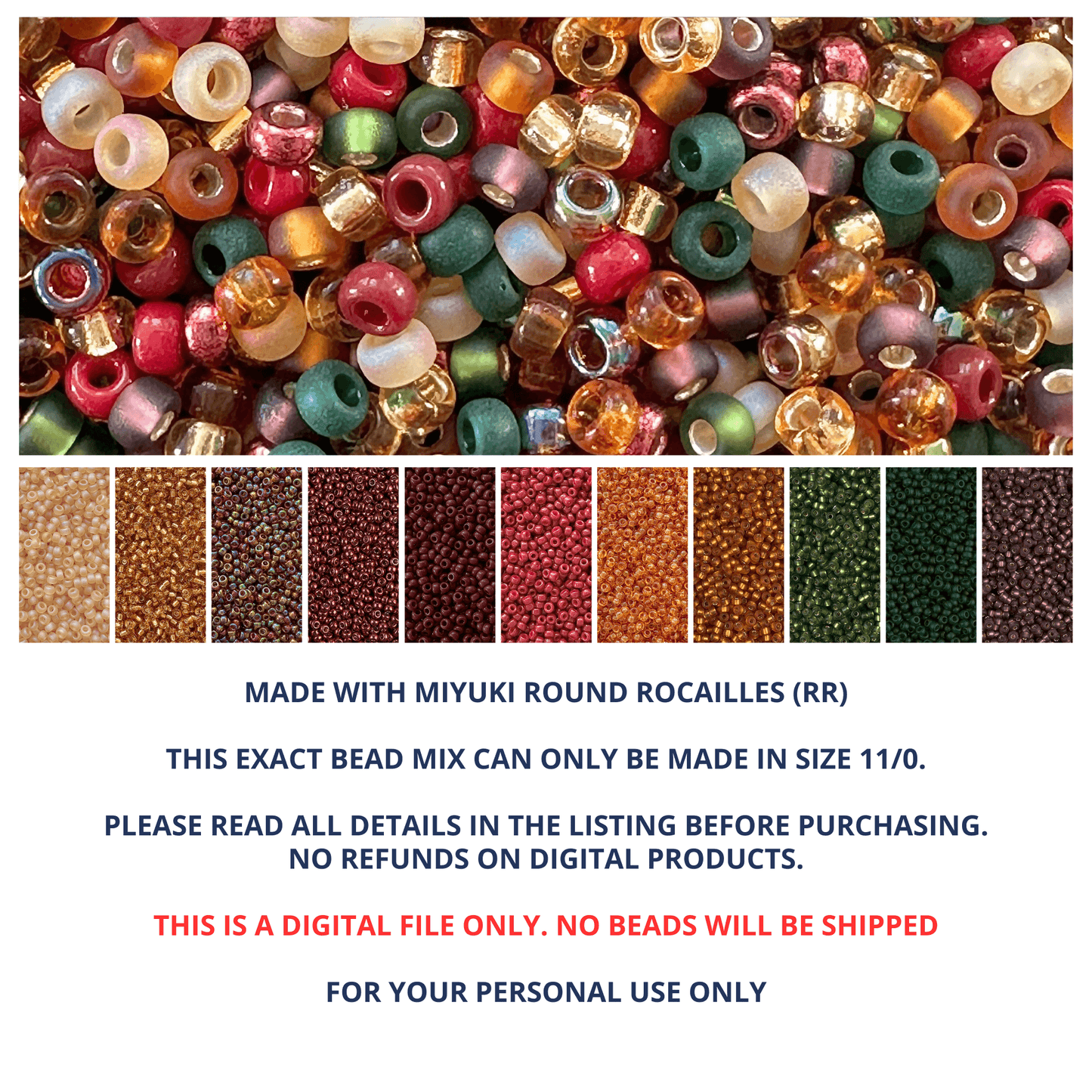 Cozy Christmas seed bead mix and color palette with information about the product.
