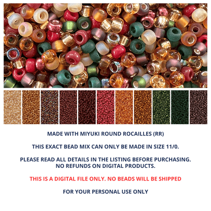 Cozy Christmas seed bead mix and color palette with information about the product.