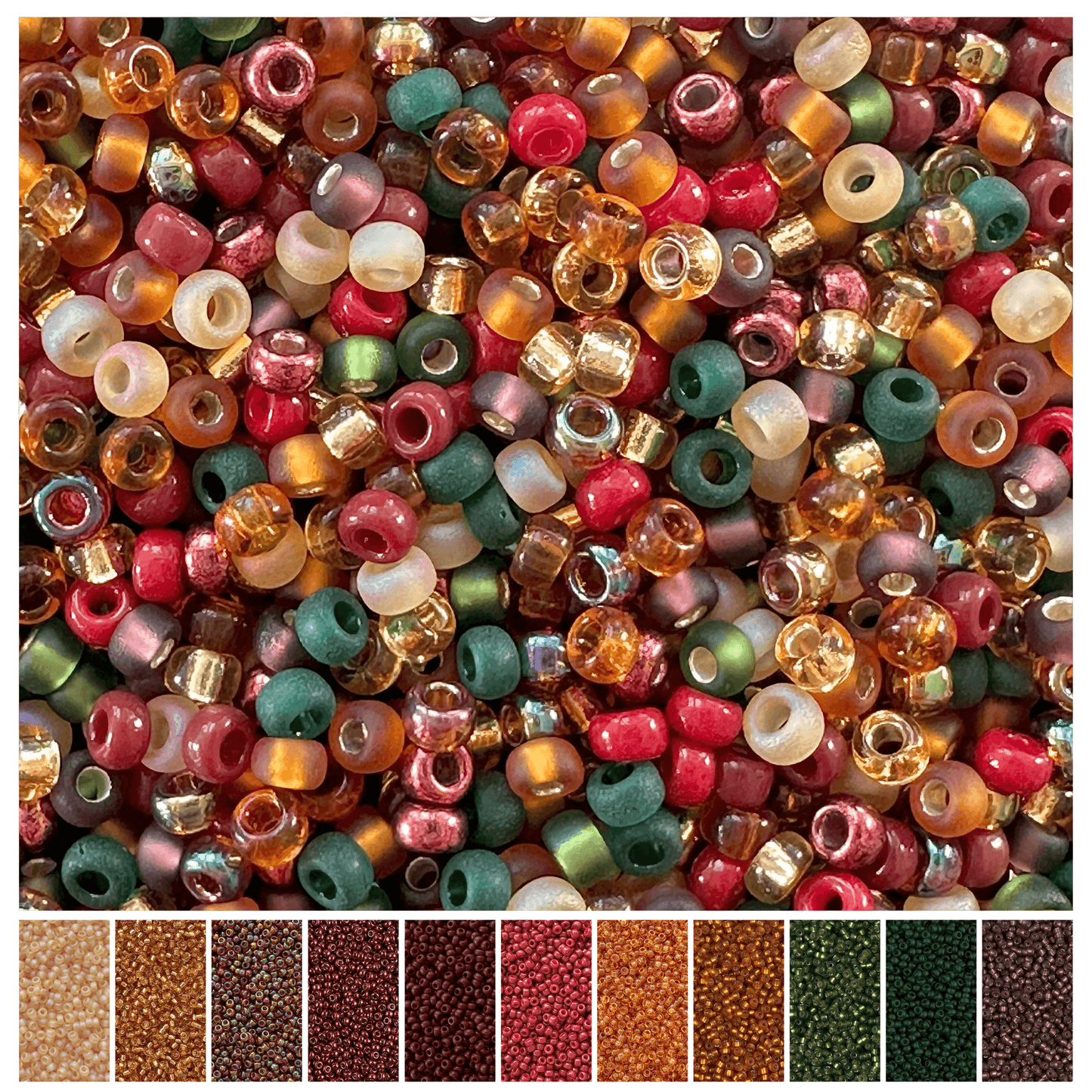 Mix of Christmas color Miyuki seed beads with the individual colors in the mix displayed at the bottom.