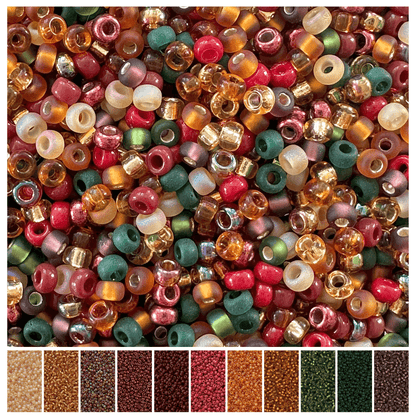 Mix of Christmas color Miyuki seed beads with the individual colors in the mix displayed at the bottom.