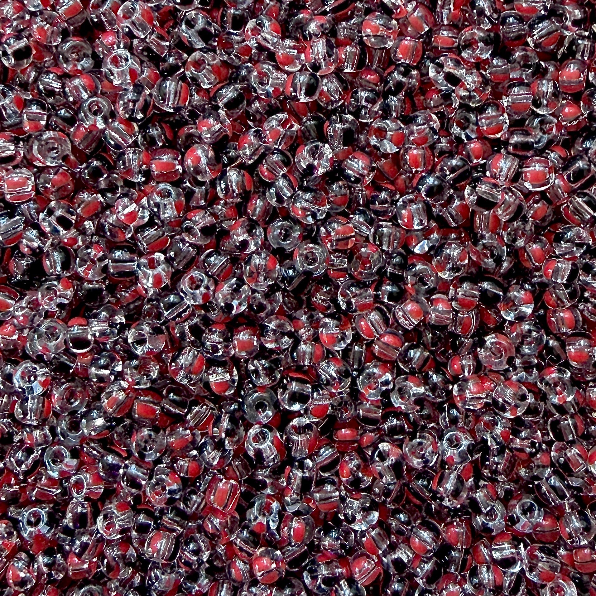 Crystal, Black & Red 6/0 Czech Striped Seed Beads (100g) - The Bead Mix
