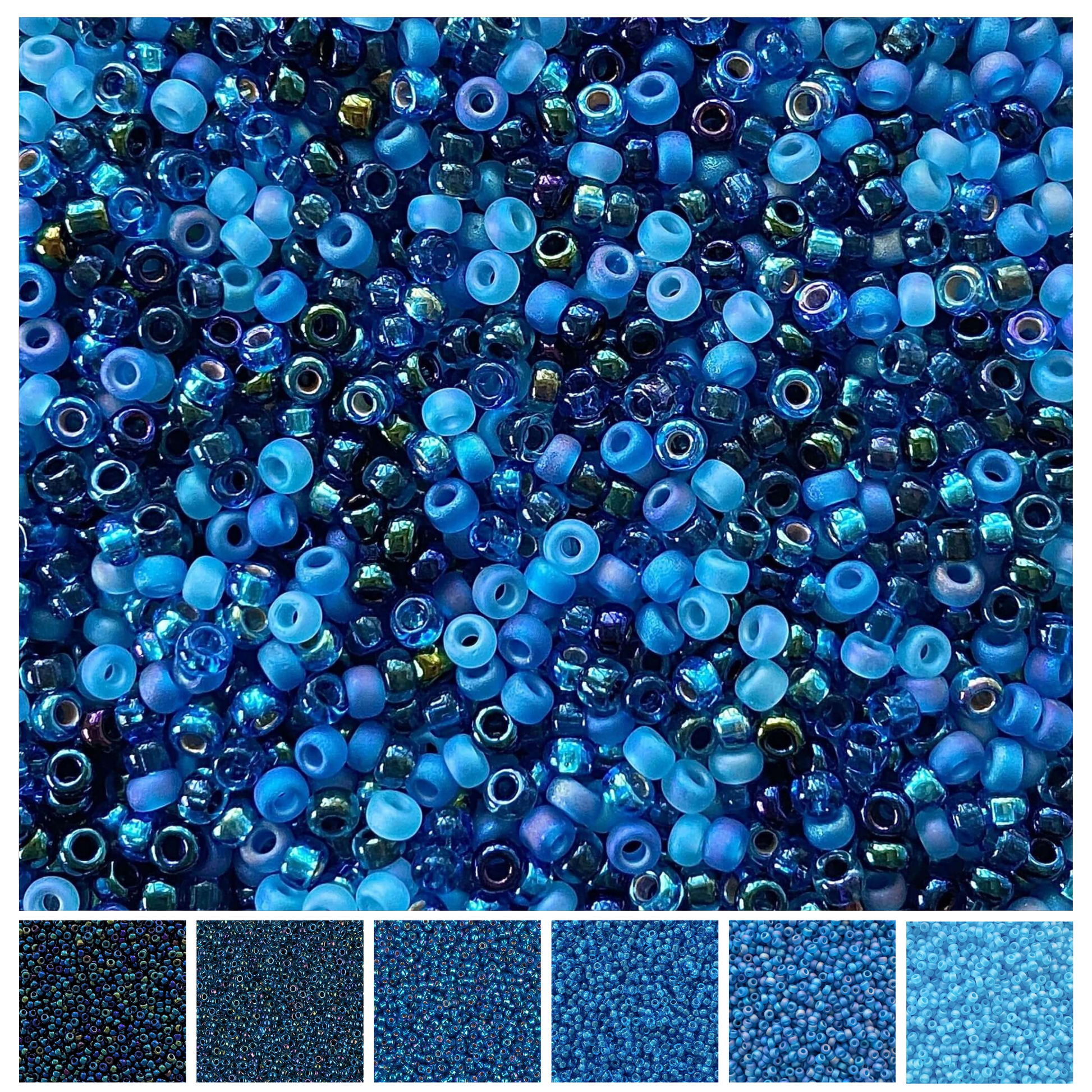Mix of Miyuki seed beads in shades of blue with color swatches at the bottom. Deep Blue Miyuki Bead Color Palette.