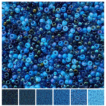 Mix of Miyuki seed beads in shades of blue with color swatches at the bottom. Deep Blue Miyuki Bead Color Palette.
