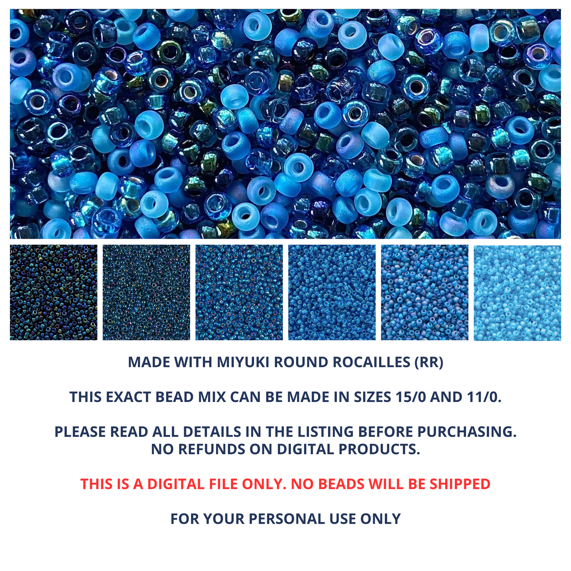 Mix of Miyuki seed beads in shades of blue with color swatches and product details.